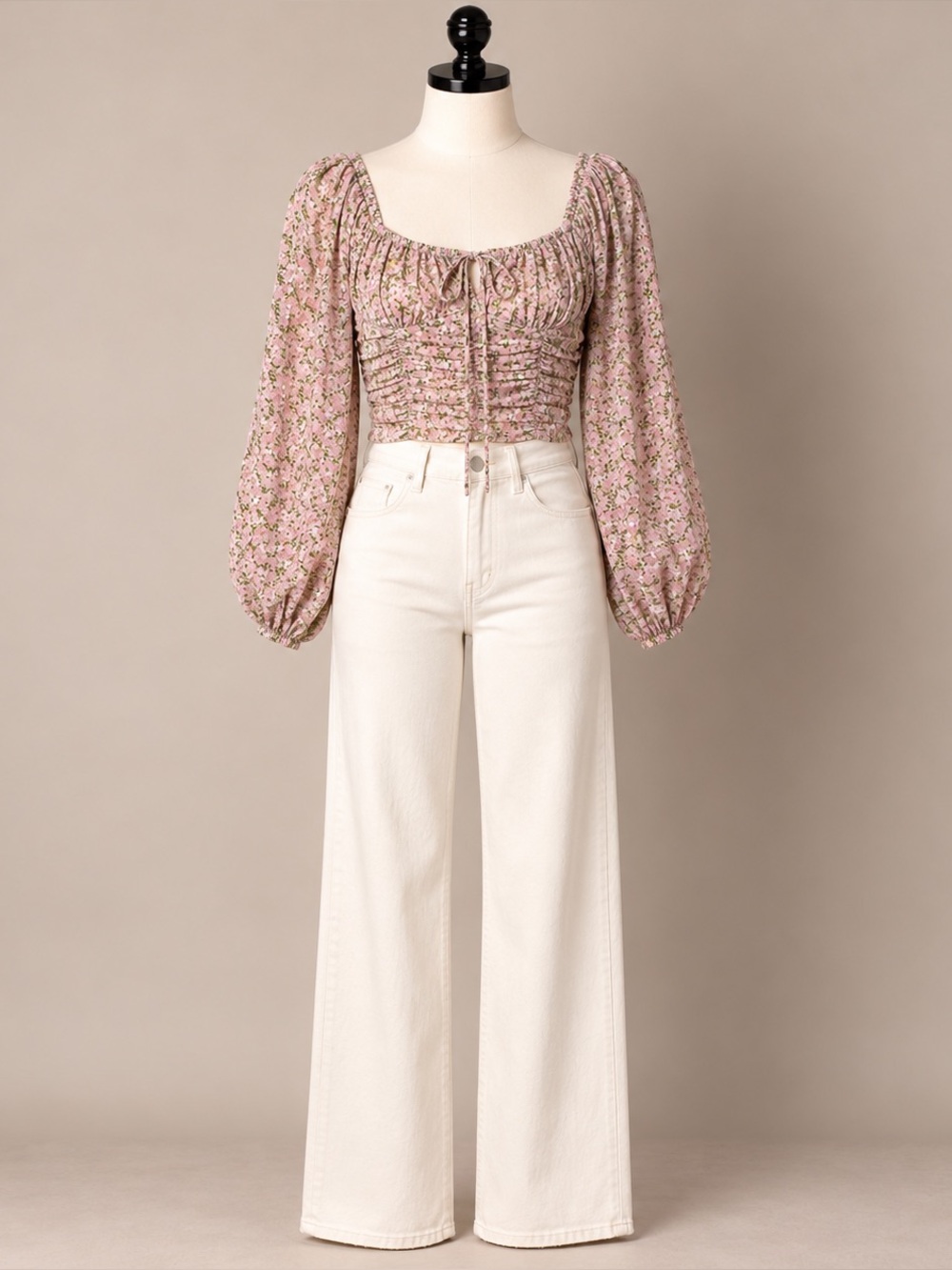 ASTR The Label Pink Floral Ruched Corset Crop Top Medium Puff Sleeve